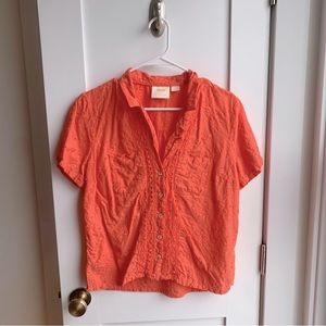 Maeve Anthropologie Eyelet Embroidered Button Down Coral Shirt